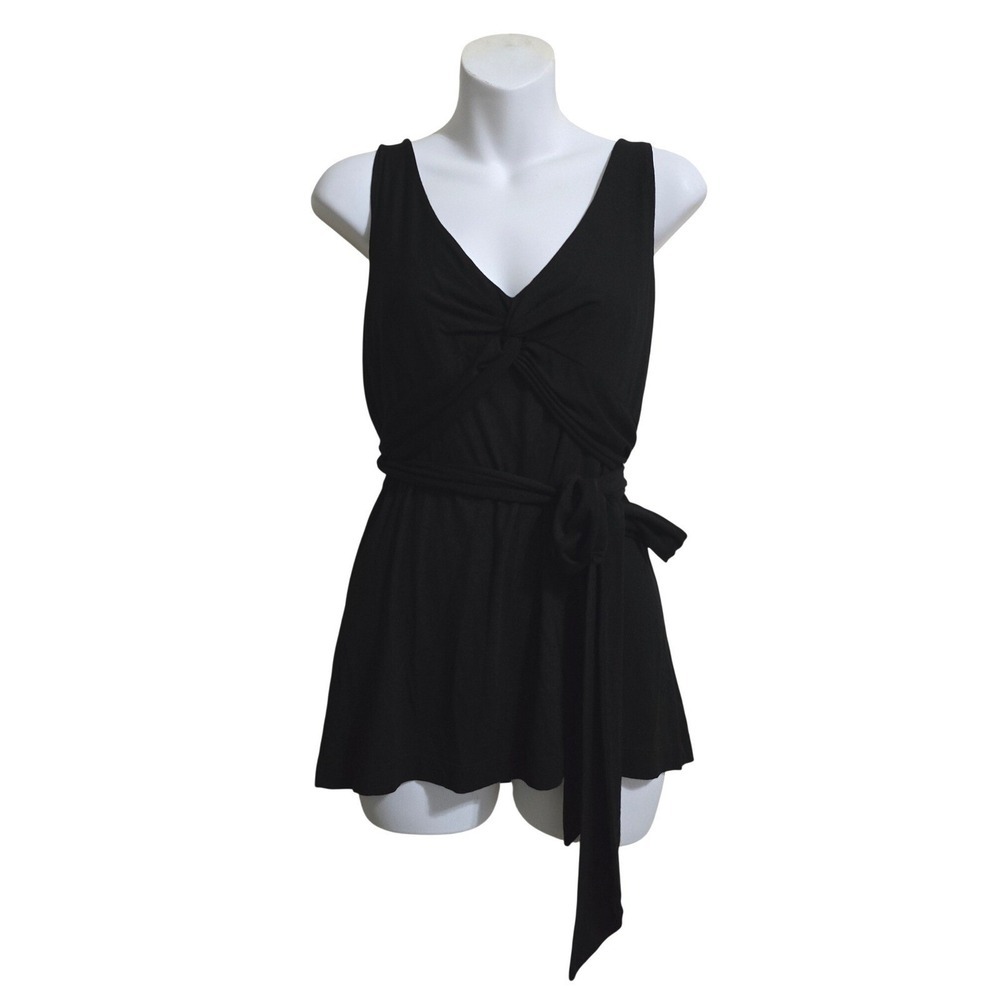 BCBGMaxAzria V-Neck Twist Front Sleeveless Tie Waist Top In Black Sz L